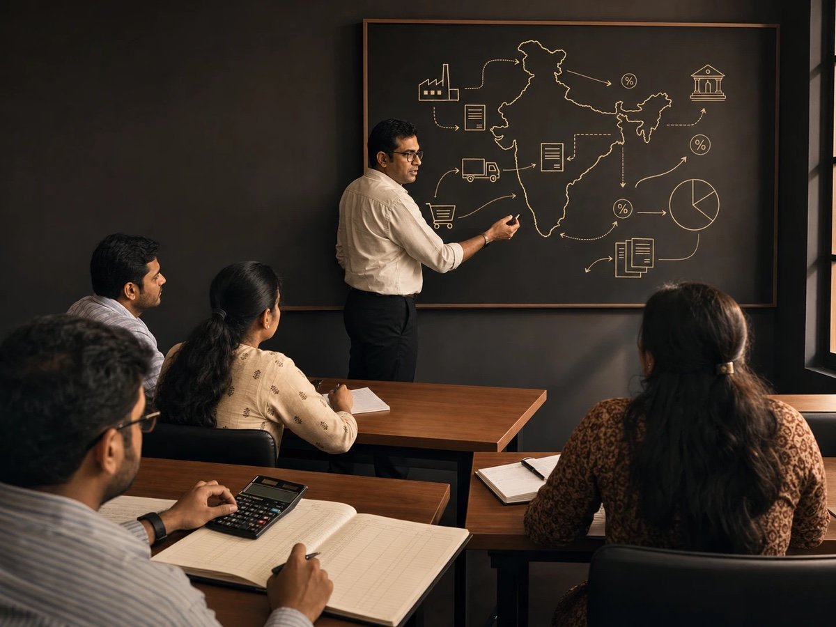 Faculty teaching CA Final Indirect Taxation concepts on a chalkboard map of India