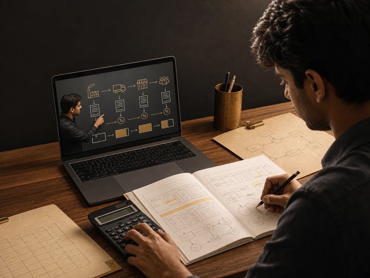Student following a recorded CA Intermediate GST lecture on a laptop with working notes